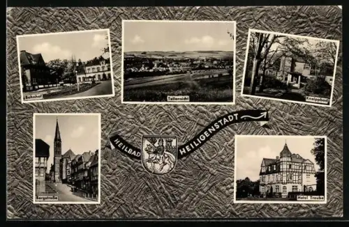 AK Heiligenstadt / Eichsfeld, Hotel Traube, Bahnhof, Kneippbad, Wappen