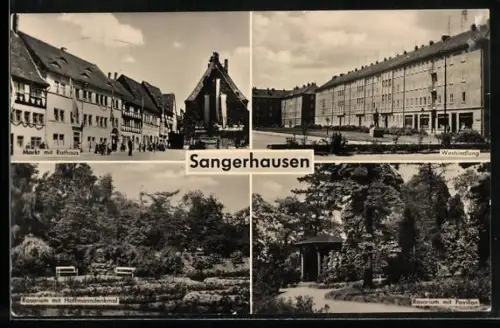 AK Sangerhausen, Markt mit Rathaus, Westsiedlung, Rosarium mit Hoffmann-Denkmal