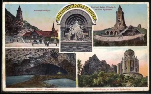 AK Kyffhäuser, Gasthof Hotel Burghof, Denkmal Kaiser Wilhelm I., Barbarossahöhle