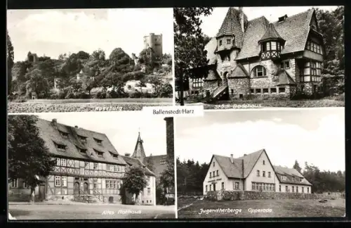 AK Ballenstedt /Quedlinburg, Städt. Badehaus, Altes Rathaus, Jugendherberge Opperode