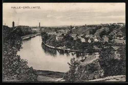 AK Halle-Cröllwitz, Blick auf Saale und Ortsansicht