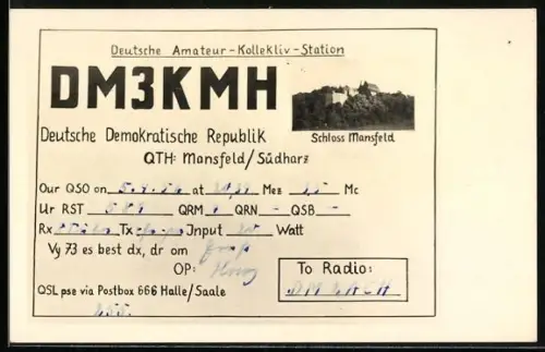 AK Mansfeld /Südharz, Schloss Mansfeld, Deutsche Amateur-Kollektiv-Station DM3KMH DDR, eingegangen 1956