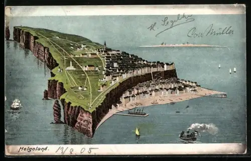 Lithographie Helgoland, Inselansicht mit Ober- und Unterland, Hafen und Schiffen