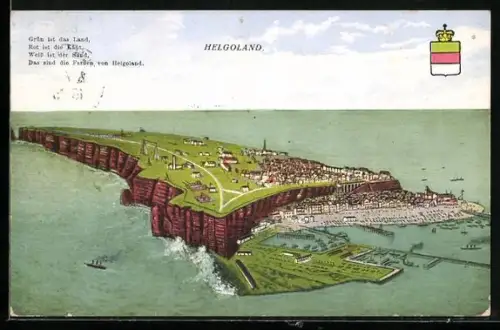 AK Helgoland, Gesamtansicht der Insel mit Wappen