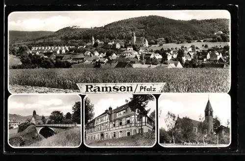 AK Ramsen /Pfalz, Totalansicht, Ferienheim und Protestantische Kirche