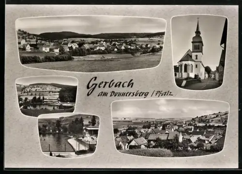 AK Gerbach am Donnersberg, Ortsansicht aus der Vogelschau, Blick auf die Kirche, Teich im Ort
