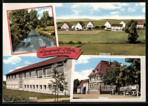 AK Langmeil, Bachpartie, Rathaus, Schule, Ortspanorama