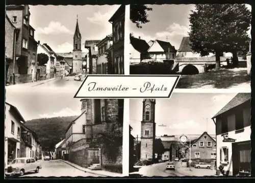 AK Imsweiler /Pfalz, Ortspartie mit Brücke, Strassenpartie mit Blick auf die Kirche