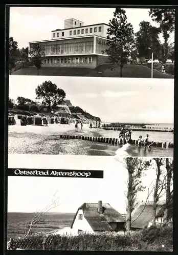 AK Ahrenshoop, Kurhaus, Ostseestrand mit Strandkörben und Buhnen
