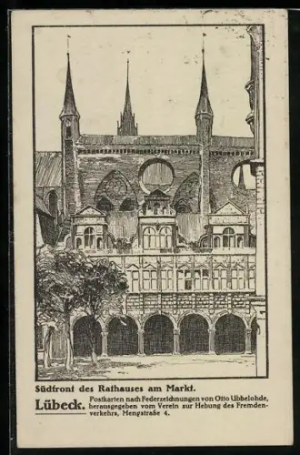 Künstler-AK Lübeck, Südfront des Rathauses am Markt