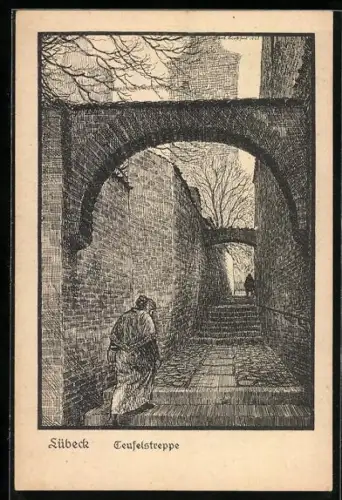 Künstler-AK Lübeck, Blick auf die Teufelstreppe