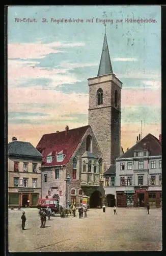 AK Alt-Erfurt, St. Aegidienkirche mit Geschäften und Eingang zur Krämerbrücke