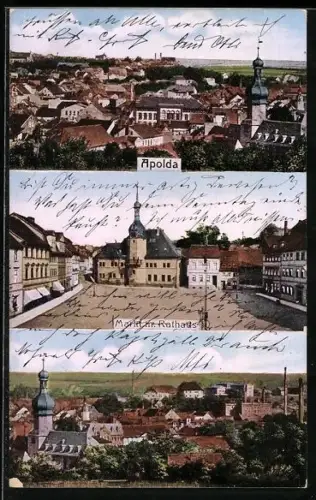 AK Apolda, Ortsansicht aus der Vogelschau, Markt mit Rathaus