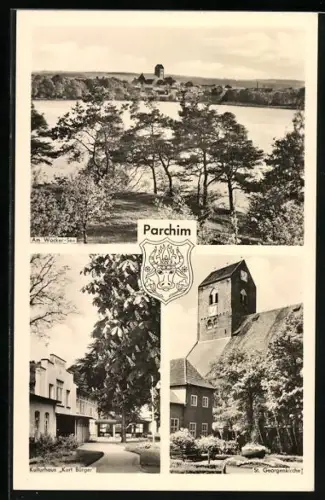 AK Parchim, Am Wocker-See, Kulturhaus, Kurt Bürger, St. Georgenkirche, Wappen