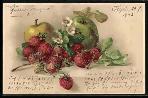 AK Obstsorten, Erdbeeren, Apfel und Birne