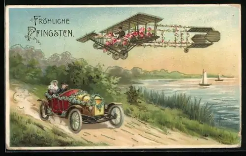 AK Familie im Auto und Flugzeug in der Luft, Glückwunsch zum Geburtstag