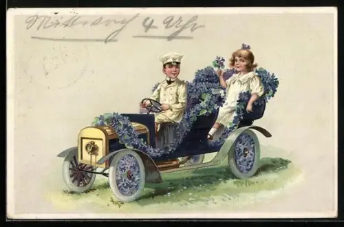 AK Geburtstags-Gratulantin im mit Veilchen geschmückten Auto