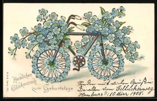 AK Blumenbild, Fahrrad aus Vergissmeinnicht