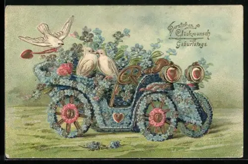 AK Auto aus Vergissmeinnicht und weisse Tauben, Blumenbild