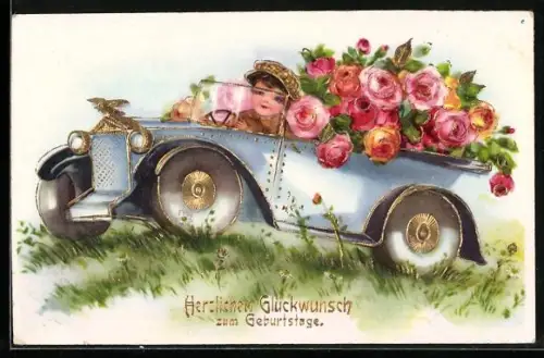 AK Kind mit vielen Rosen in einem Auto, Geburtstag