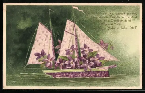 AK Glückwunsch zum Namenstag, Veilchen-Yacht
