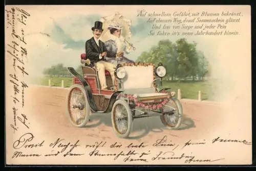 Lithographie Junges Paar in geschmücktem Auto, Gedicht