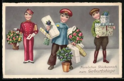 AK Pagen tragen Geschenke u. Blumen, Geburtstag