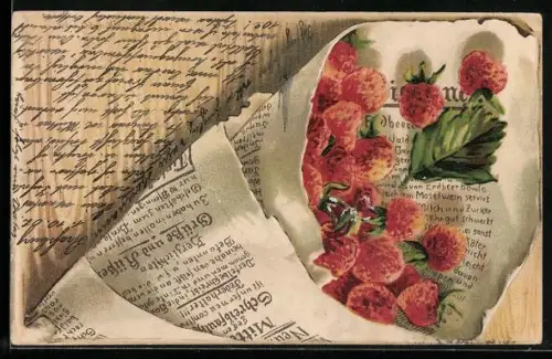 Lithographie Schreibfaul, Erdbeeren mit Zeitung