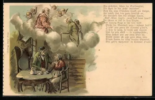 Lithographie Altes Paar sinniert über den Aufstieg ins Himmelreich, Vergänglichkeit