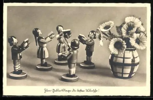 AK Holzfiguren bilden einen Chor und bringen ein Ständchen, Zum Geburtstag die besten Wünsche!