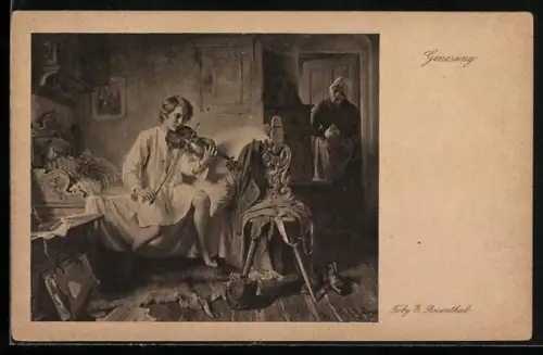 AK Gemälde Genesung von Toby Rosenthal, Junge spielt auf Geige