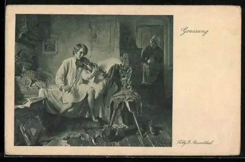 AK Gemälde Genesung von Toby Rosenthal, Junge spielt auf Geige