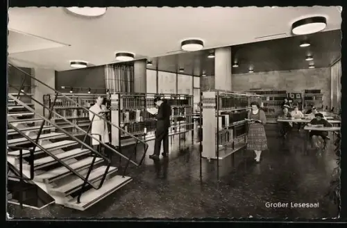 AK Dortmund, Grosser Lesesaal der Stadt- u. Landesbibliothek, lesende Leute