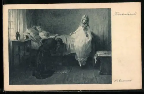 Künstler-AK Krankenbesuch, Mädchen spielt Geige am Bett eines Kranken