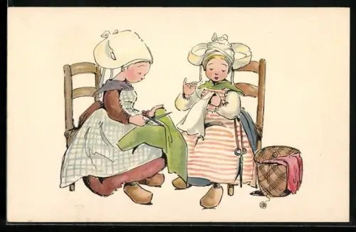 AK Zwei Holländerinnen in Holzschuhen machen Näharbeiten