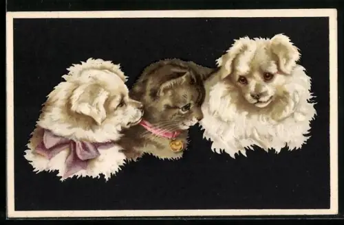 AK Katze mit Glöckchen um den Hals und zwei weisse Hunde