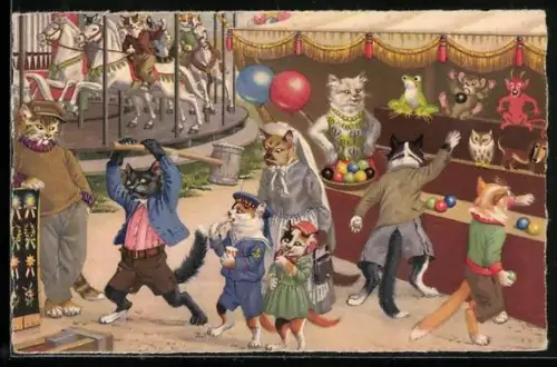 AK Katzen auf dem Jahrmarkt, Hau den Lukas, vermenschlichte Tiere