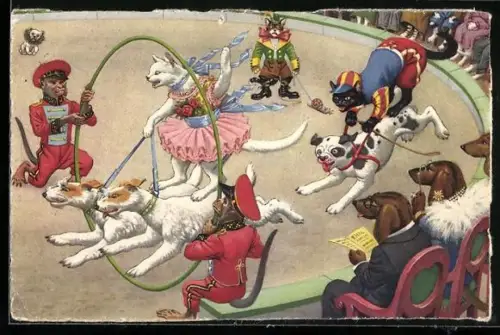 Künstler-AK Max Künzli: Katzen im Kostüm als Zirkusartisten, Affen halten den Reifen, Hunde als Zuschauer