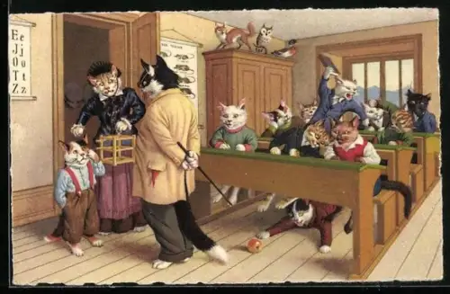 AK vermenschlichte Katzenkinder treiben Unfug in der Schule