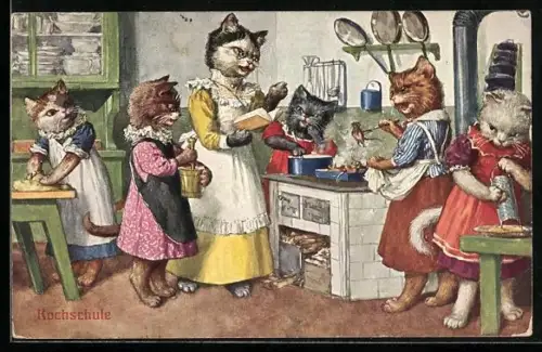 AK vermenschlichte Tiere, Katzen bei der Kochschule