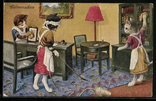 AK Katzen beim Reinemachen in der Stube, vermenschlichte Tiere