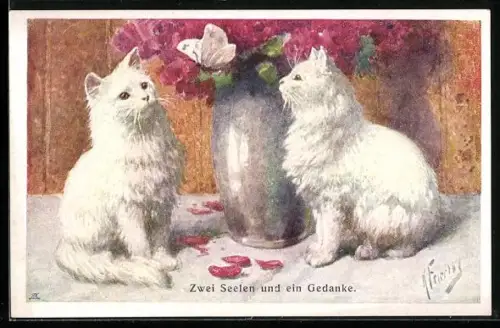 Künstler-AK Karl Feiertag: Zwei Seelen und ein Gedanke, Katzen und Schmetterling