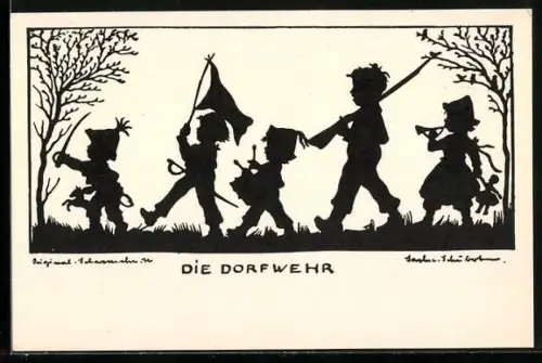 Künstler-AK M. Sachse-Schubert:  Die Dorfwehr, Kinder mit Fahnen und Waffen