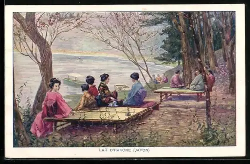 AK Lac d`Hakone, Japan, Menschen am See