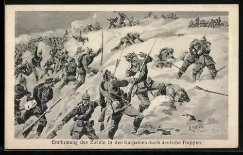 Künstler-AK C. Schaller: Erstürmung des Zwinin in den Karpathen durch deutsche Truppen