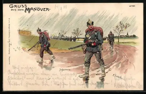 Künstler-AK Bruno Bürger & Ottillie Nr. 783: Vorhut der Infanterie im Regen