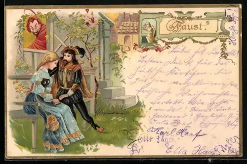 Lithographie Faust und Gretchen, im Hintergrund Mephisto