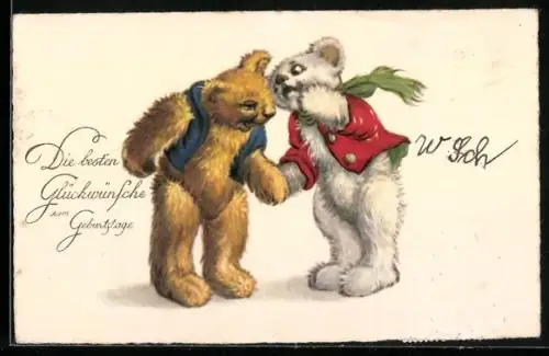 AK Zwei Teddybären in bunten Jacken, Geburtstagsgruss