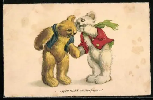 AK Teddy mit Westen flüstern sich ins Ohr