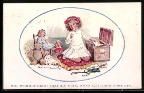 Künstler-AK Mädchen verabschiedet sich von Puppen und Teddybär